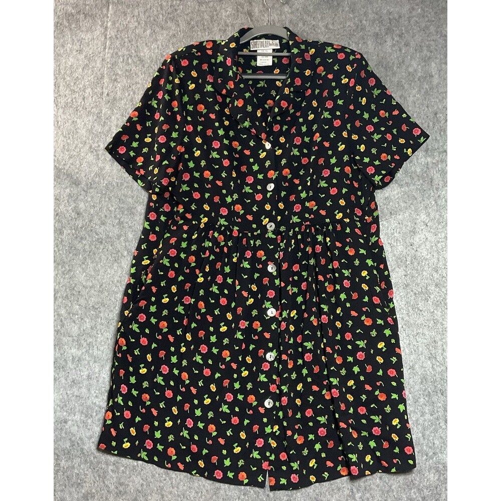 Vintage Nina Piccalino Dress Womens Large Black Floral Pockets Cottage Retro